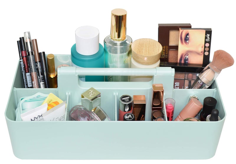 Enjoy Organizer New Plastic Portable Makeup Organizer Caddy Tote Divided Basket Bin with Handle, for Bathroom Storage - Holds Blush Makeup Brushes, Eyeshadow Palette, Lipstick - Extra Large Made In USA (Mint) - Image 1